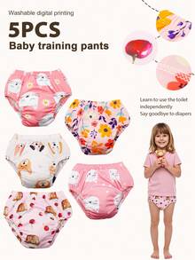 5条装婴儿可重复使用印花如厕训练裤，男女宝宝通用，可水洗 - 粉紅色貓咪 - 查看 7