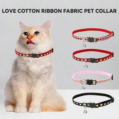 Luxury Plush Cat Collar With Heart Print, Adjustable Safety Buckle, Soft Cotton Fabric Neck Strap With Bell, Suitable For Cats And Dogs