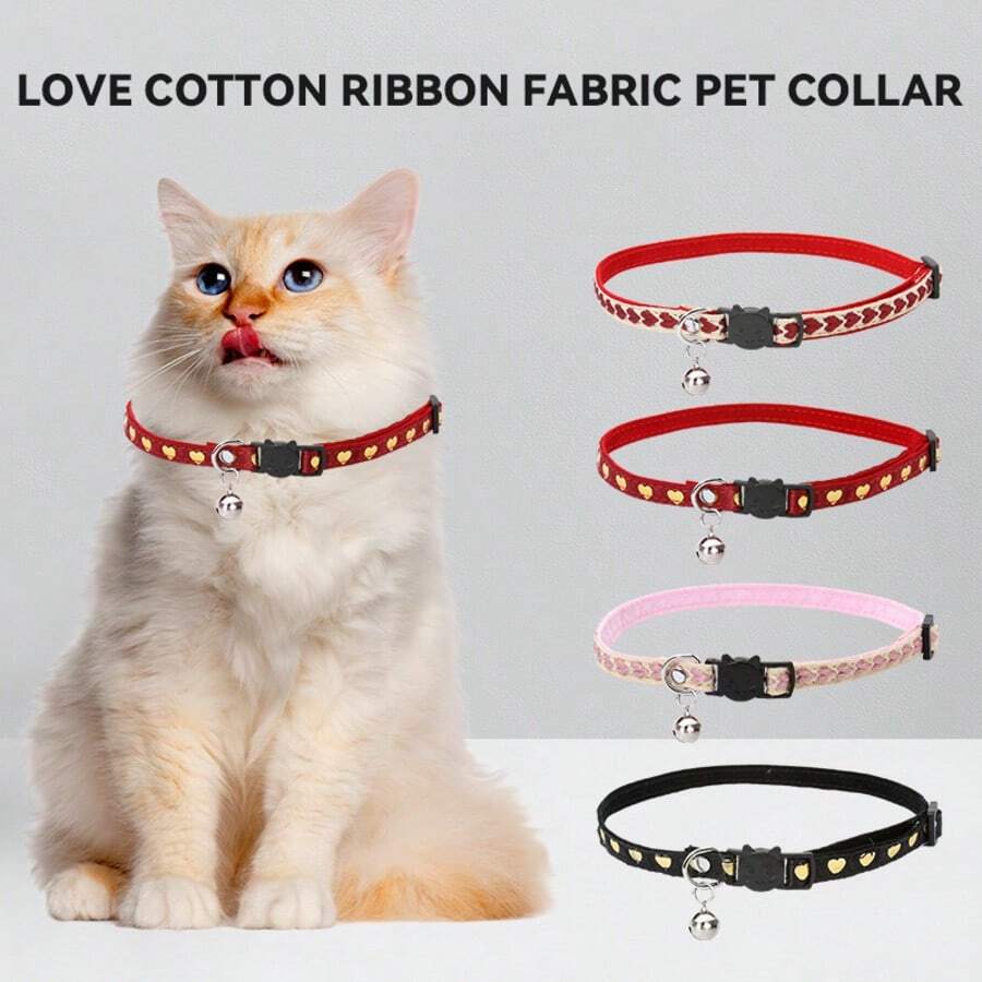 Luxury Plush Cat Collar With Heart Print, Adjustable Safety Buckle, Soft Cotton Fabric Neck Strap With Bell, Suitable For Cats And Dogs - Multicolor - View 1