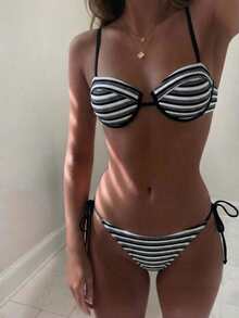 Sultry Sol Conjunto de bikini de triángulo micro con cuello de halter y corbata a rayas, traje de baño sexy de verano para mujer - Blanco y Negro - Ver 3