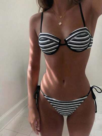 Conjunto de bikini de triángulo micro con cuello de halter y corbata a rayas, traje de baño sexy de verano para mujer