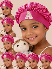 1顶儿童帽子，A-Z字母图案，玫瑰红色弹力宽檐丝滑缎面睡帽，带防滑内带 - 安全贴合，保护女孩头发，超柔软透气设计 - 玫紅色 - 查看 1