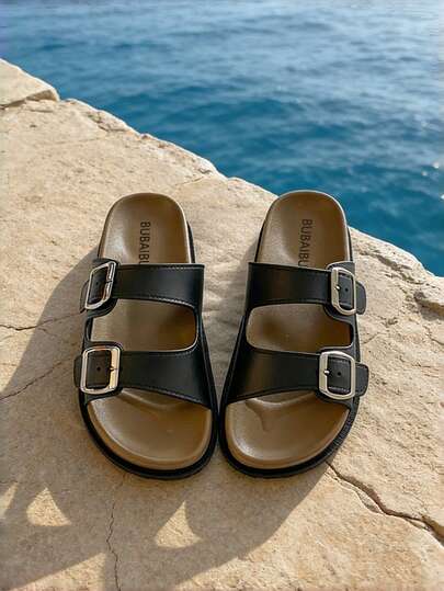 Boken Women's Sandals, New Summer Double Buckle Ladies Slippers, Women's Flat Casual Shoes, Beach Shoes, Fashion Shoes, Classic Double Buckle Ladies Slippers, Contrast Color Versatile, Slip-On, Slouchy Loafers, Suitable For Walking, Vacation, Leisure, Mules, More Comfortable Flat Slippers, Women's Shoes, Slides, Clogs, Ladies Shoes, Soft, Soft-Soled, Slippers, Ladies Slippers, Women's Flat Slippers, Women's Plastic Slippers, Black Sandals, Shoes, Women's Shoes, [Size Runs Small, Please Refer To Size Chart]