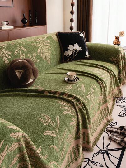 1件波西米亚风树叶图案雪尼尔沙发套，宠物友好，四季通用，适用于扶手椅和四人沙发，可机洗，适合客厅、卧室、办公室装饰