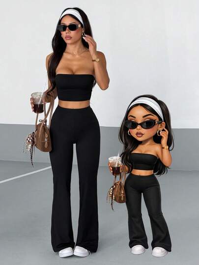 AITYI Studio Women's Set, Well Fit Casual Black Bandeau Crop Top & Skinny Pants, Fashionable Sexy Comfortable Outdoor Sports Versatile Y2K Beach Party, Graduation, Carnival, Music Festival, Easter, Spring/Summer Stretchy Knit Camisole & Flare Leg Trousers 2-Piece Set