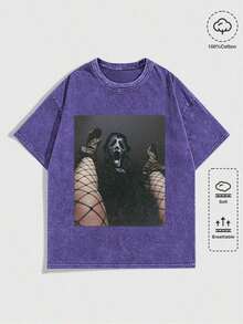 Summer TopsHalloween Retro Washed T-Shirt Scream Ghostface Heart Hands Graphic Tees Water Washing Print T-Shirt, Men's Vintage T-Shirt,Short Sleeves Crew Neck Top Tees, 230 Gram Cotton T Shirts, Holiday GiftsLoose And Comfortablesummer Clothes - 寶藍色 - 查看 1