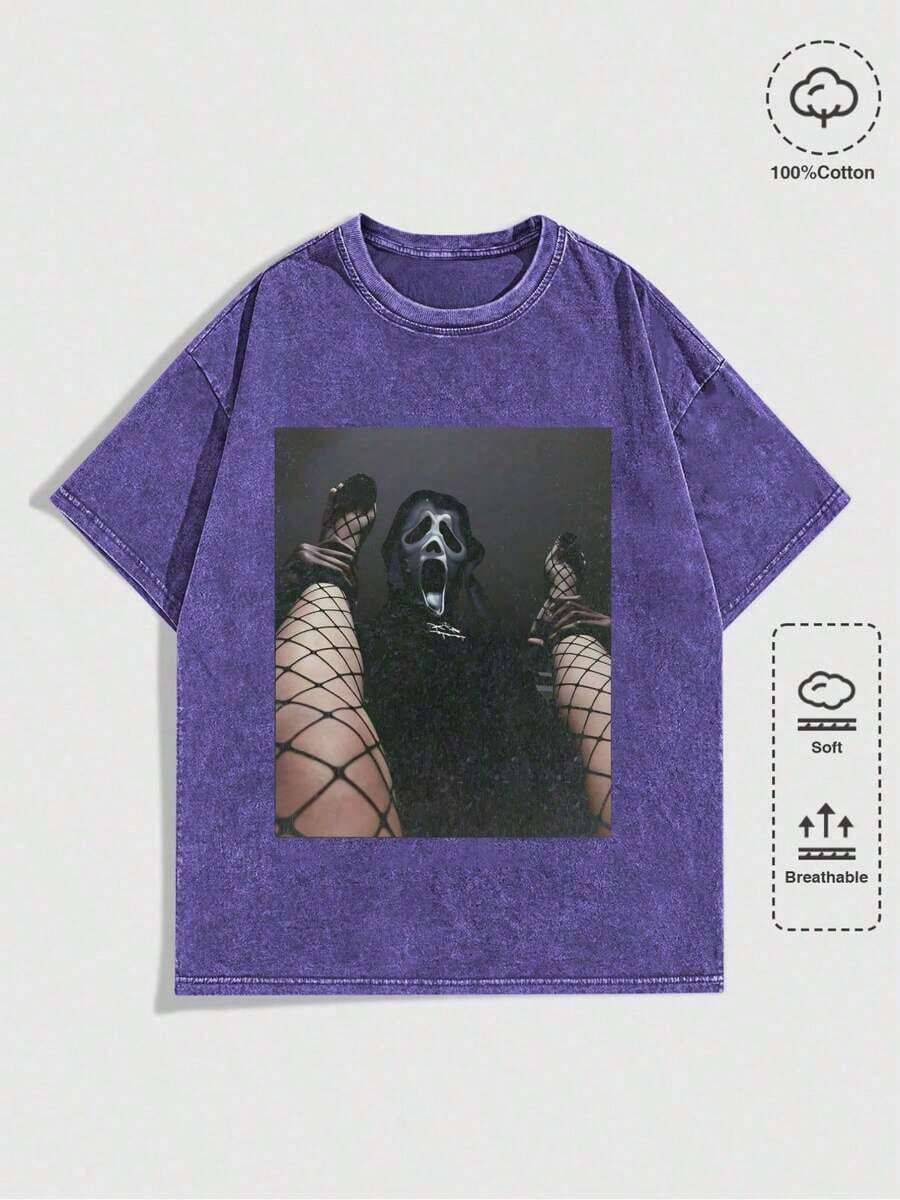 Summer TopsHalloween Retro Washed T-Shirt Scream Ghostface Heart Hands Graphic Tees Water Washing Print T-Shirt, Men's Vintage T-Shirt,Short Sleeves Crew Neck Top Tees, 230 Gram Cotton T Shirts, Holiday GiftsLoose And Comfortablesummer Clothes - 寶藍色 - 查看 1