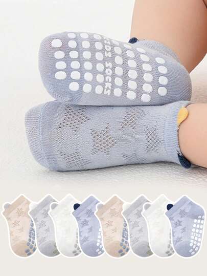 4 paia di calzini antiscivolo per neonati/bambini piccoli, in rete traspirante a motivo stelle, con suola morbida in colore tono blu, adatti per uso casual quotidiano per bambini e bambine