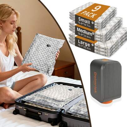 可充电无线气泵 + 旅行收纳袋套装 - 9 件装便携式节省空间收纳袋，适合旅行和居家使用 - 真空密封收纳袋，可用于存放衣物、毯子和换季物品