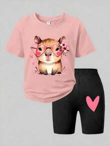 Bộ 2 món áo thun và quần short in hình chuột lang nước dễ thương, thời trang thường ngày cho bé gái, thích hợp mặc mùa hè. - Hồng - Xem 2