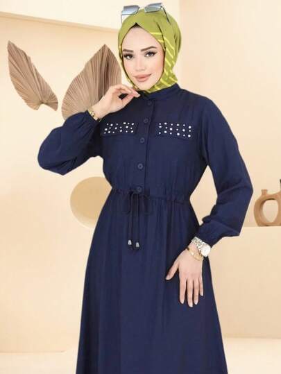 Modest Navy Blue Studded Abaya With Drawstring Waist | Ramadan Casual Islamic Outfit