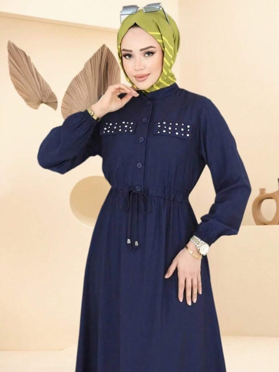 Modest Navy Blue Studded Abaya With Drawstring Waist | Ramadan Casual Islamic Outfit Spring