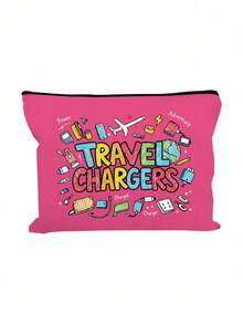 時尚女款彩色「Travel Charger」字母圖案化妝包，化妝品收納袋，數據線收納袋，大容量零錢包，春夏旅行配件，度假拉鍊收納袋。適用於度假、辦公室、購物、酒店、返校禮物、生日禮物、旅行配件、母親節禮物、婚禮配件 - 彩色 - 查看 15