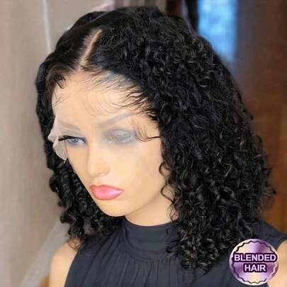 200% 密度 #1B 黑色杰瑞卷发假发，真人发混纺，13X4 蕾丝前假发，女士款，预先拔毛，大蕾丝前假发，日常派对假发，自然发际线假发，女士深卷发假发，预先拔毛，适合初学者