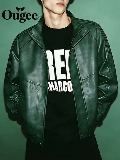 1pc Men's Solid Color Stand Collar Faux Leather Jacket, Comfortable Breathable Durable Wrinkle-Resistant, Soft Supple Faux Leather Material (Wrinkle-Resistant Easy Care), Stand Collar Zipper Closure Design, Decorative Stitching Details, Gathered Hem / Cuff, Loose Fit + Practical Pockets, Suitable For Casual Streetwear, Commuting, Hanging Out With Friends, Light Outdoor Walks, Short Trips