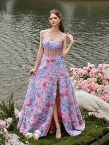 Faeriesty Vestido formal de noche de mujer con parches de malla floral sin tirantes, ajustado - Adecuado para fiesta de cumpleaños, sesión de fotos, gala, cena formal y otras ocasiones, color rosa primaveral para boda - Rosa - Ver 3