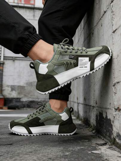 1 Pair Men's Casual Sneakers, Lace-Up Letter Pattern PU Low-Top Outdoor Versatile Skate Shoes, Breathable Hiking Shoes