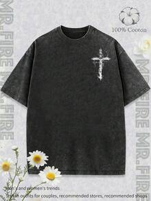 Men's Washed Pure Cotton Short Sleeved T-Shirt With Thorn Cross And Dark Pattern,  And Retro Style, High-Quality Fashion, Soft And Comfortable For Daily Wear/Holiday Gifts/Party Celebrations, Men's Vintage Pure Cotton T-Shirt. .. . Women's Printed T-Shirts, Fun Printed T-Shirts, Men's Printed T-Shirts, And 100% Cotton T-Shirts Are All Designed Specifically For Young People And Fashion Enthusiasts. Very Suitable For Casual Wear And Street Style. It Is An Excellent Gift For Friends And Family. - 黑色 - 查看 3
