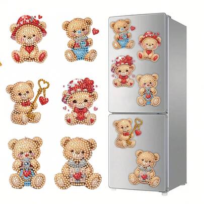 6 piezas Imanes de nevera de arte de diamantes, decoración de pintura de diamantes de oso, kit de pintura de diamantes DIY para manualidades, regalos, decoración de nevera y buzón