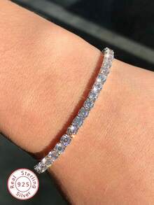 1条2-3毫米顶级嘻哈风四爪莫桑石钻石网状链手链（可调节设计），925纯银手链，闪耀奢华，精致珠宝时尚礼品，专为女性设计。 - 四爪滿鑽手鍊 - 查看 1