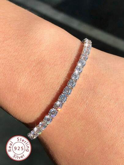 1pc 2-3mm Top-Grade Hip-Hop Style Four-Claw Moissanite Diamond Mesh Chain Bracelet (Extendable Design), 925 Sterling Silver Bracelet, Sparkling Luxury, Exquisite Jewelry Fashion Gift Designed For Women