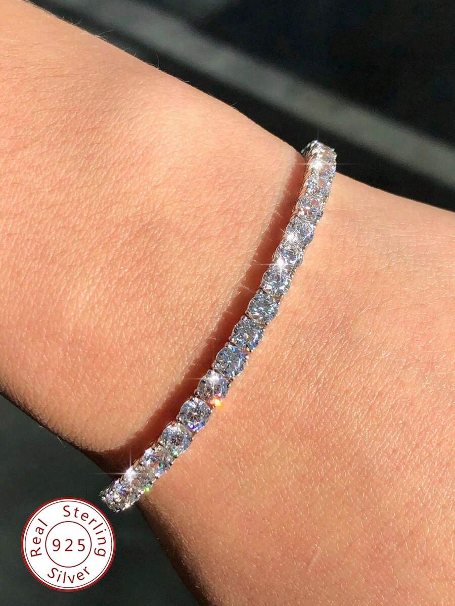 1条2-3毫米顶级嘻哈风四爪莫桑石钻石网状链手链（可调节设计），925纯银手链，闪耀奢华，精致珠宝时尚礼品，专为女性设计。 - 四爪滿鑽手鍊 - 查看 1