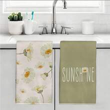 MEMNUN 2条夏季黄绿色水彩雏菊图案厨房毛巾，尺寸为15.75*23.62英寸（40*60厘米），采用柔软超细纤维材质，是厨房和餐厅装饰的理想之选，四季皆宜 - 彩色 - 查看 10