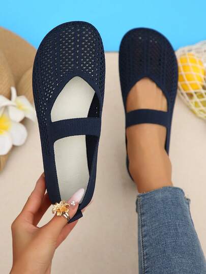 女士四季针织玛丽珍平底鞋，纯色套脚圆头鞋，织物鞋面和内衬，橡胶鞋底，建议手洗