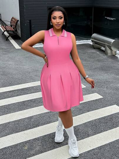 BIUBIU 大码优雅粉色褶皱迷你连衣裙，女士休闲春季穿搭，条纹Polo领和半拉链设计，夏季