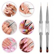 2pcs Professional Nail Art Double-Ended French Manicure Brush Set, Hard Gel Modeling Brush And Fine Design Liner Brush - White - View 3