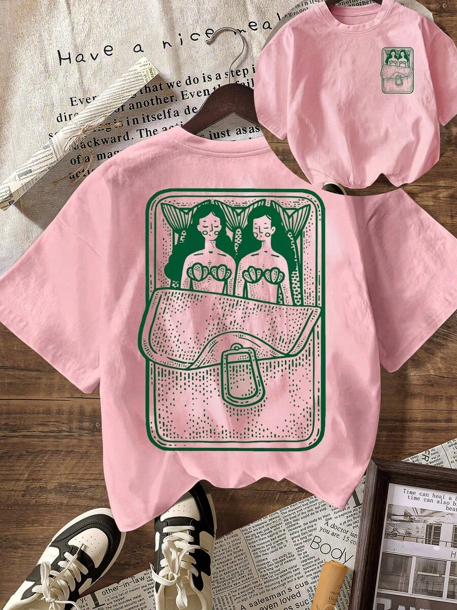 美人鱼沙丁鱼夏季社交俱乐部服装，女士休闲圆领短袖T恤，返校季加大码T恤 - 淺粉色 - 查看 1