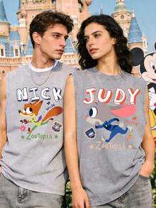 Disney Zootopia Dynamic Action 230GSM Vintage Washed Streetwear Tank Top, Casual Couple Tank Top - 女士2 - 查看 1