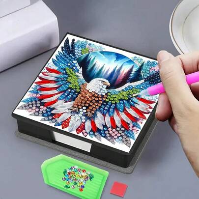 1pc DIY Diamond Art Owl Pattern, Asymmetrical Rhinestone Mosaic Painting, Black Faux Leather Self-Adhesive Memo Pad Box With 160 Sheets, Ideal For Home, Office And School Supplies, Craft, Cute Stationery, Holiday Gift