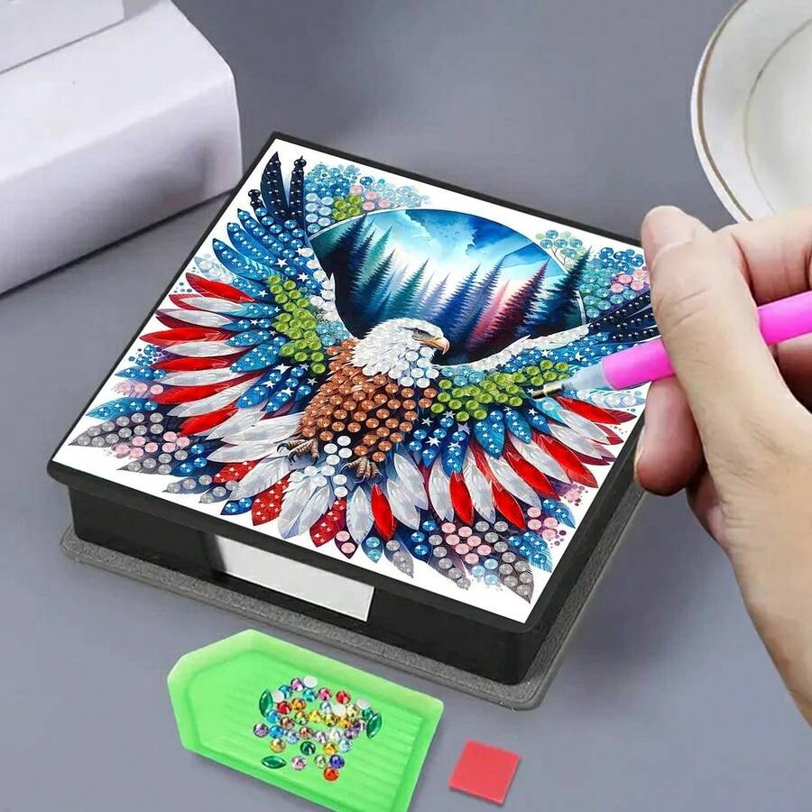 1pc DIY Diamond Art Owl Pattern, Asymmetrical Rhinestone Mosaic Painting, Black Faux Leather Self-Adhesive Memo Pad Box With 160 Sheets, Ideal For Home, Office And School Supplies, Craft, Cute Stationery, Holiday Gift - View 1