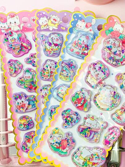 Pegatina del gato sacudiendo el agua. Pegatinas de arena tridimensional de alta calidad con efecto de agua para fundas de teléfonos móviles, artículos de decoración para el hogar, decoración para fiestas, regalos de diversos festivales, artículos de moda. Artículos de moda. Lujoso. Costura. Hazlo tú mismo. Ceremonia de graduación - Ceremonia de apertura. Regalo de inicio de clases. Decoración.