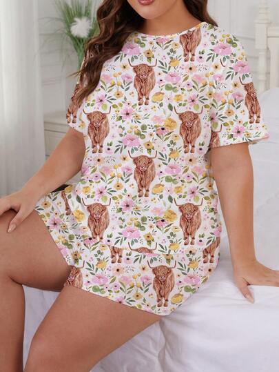 2pcs/Set White Base Pink Floral & Cute Yak, Sunflower Print Pajama Set For Women, Comfortable Short Sleeve Round Neck Pullover Shirt And Elastic Waist Shorts, Stylish For Outdoor, Indoor, All Seasons