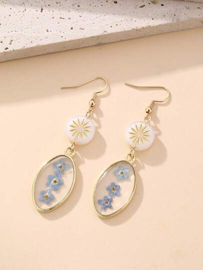 1 par de pendientes ovalados de resina con efecto de flor seca personalizada y pendientes redondos de vidrio con flor, adecuados para vacaciones, fiestas y uso diario. La flor seca natural puede tener ligeras diferencias con respecto a la imagen.