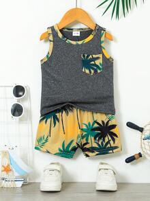 2pcs Baby Boy Vacation Style Vest Top + Plaid Shorts Set, Casual Fashion Spring/Summer - Dark Grey - View 1