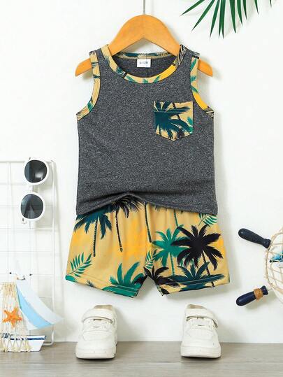 2pcs Baby Boy Vacation Style Vest Top + Plaid Shorts Set, Casual Fashion Spring/Summer