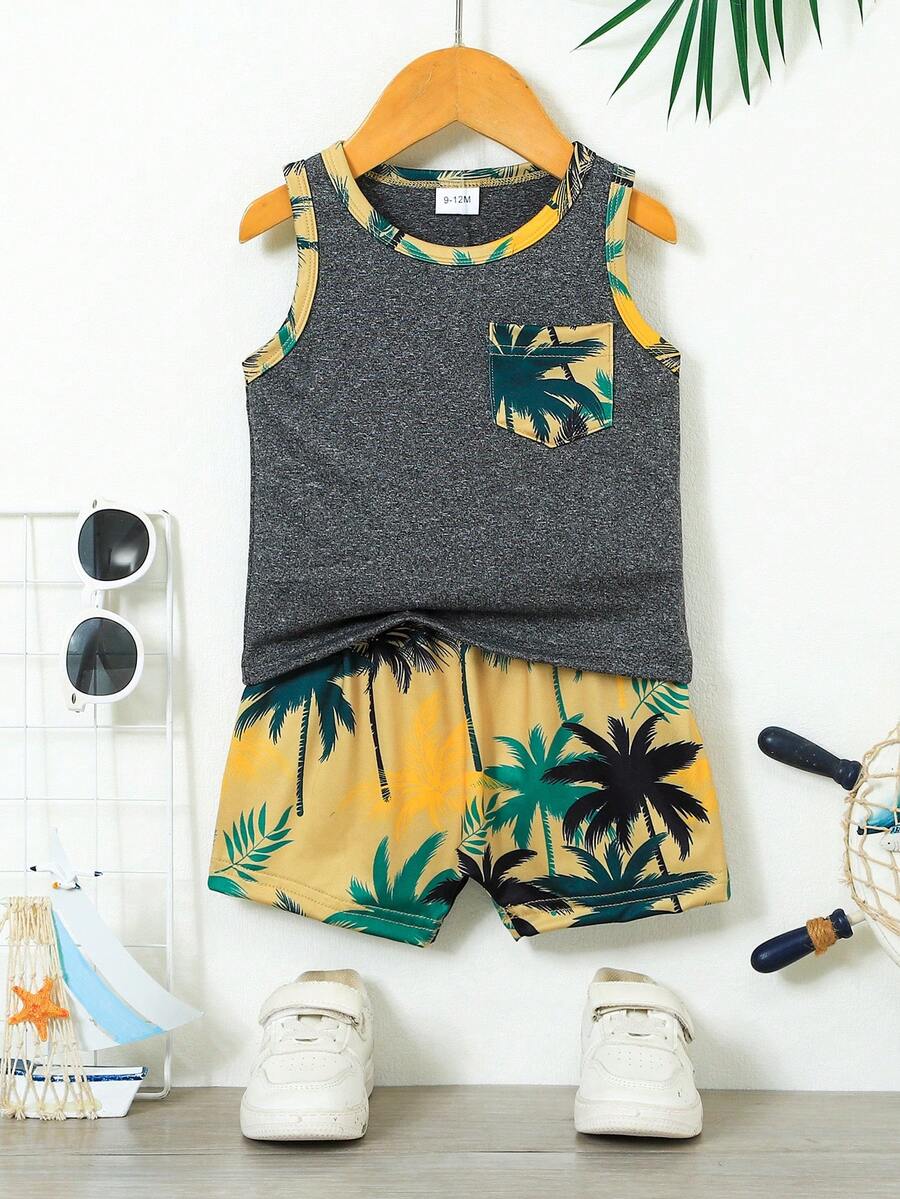 2pcs Baby Boy Vacation Style Vest Top + Plaid Shorts Set, Casual Fashion Spring/Summer - Dark Grey - View 1