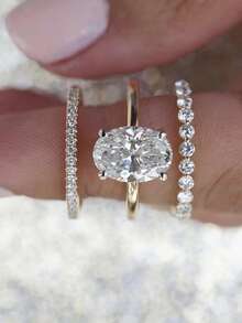 3 piezas/set Anillos elegantes apilables, con incrustaciones de circonita falsa en forma de gota y rectangular, que representan romance y nobleza. Perfectos para uso diario y Año Nuevo Chino - Dorado - Ver 3