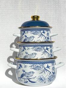 一套搪瓷碗/桶/罐，带盖食品储藏容器，可选尺寸：10/12/14/16/18厘米。一套带盖汤锅，金边设计，尺寸：16/18/20厘米。适合储存水果和蔬菜，圆形翻盖，设计优雅，是厨房、客厅、露台和餐桌的理想礼品。 - 藍白色 - 查看 16