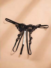 Fashionable Lace Embroidered Sexy Women's Panties, Low Waist G-String With Faux Pearl Massage Open Crotch Design, Lingerie For Valentine's Day For Going Out - Black - View 3