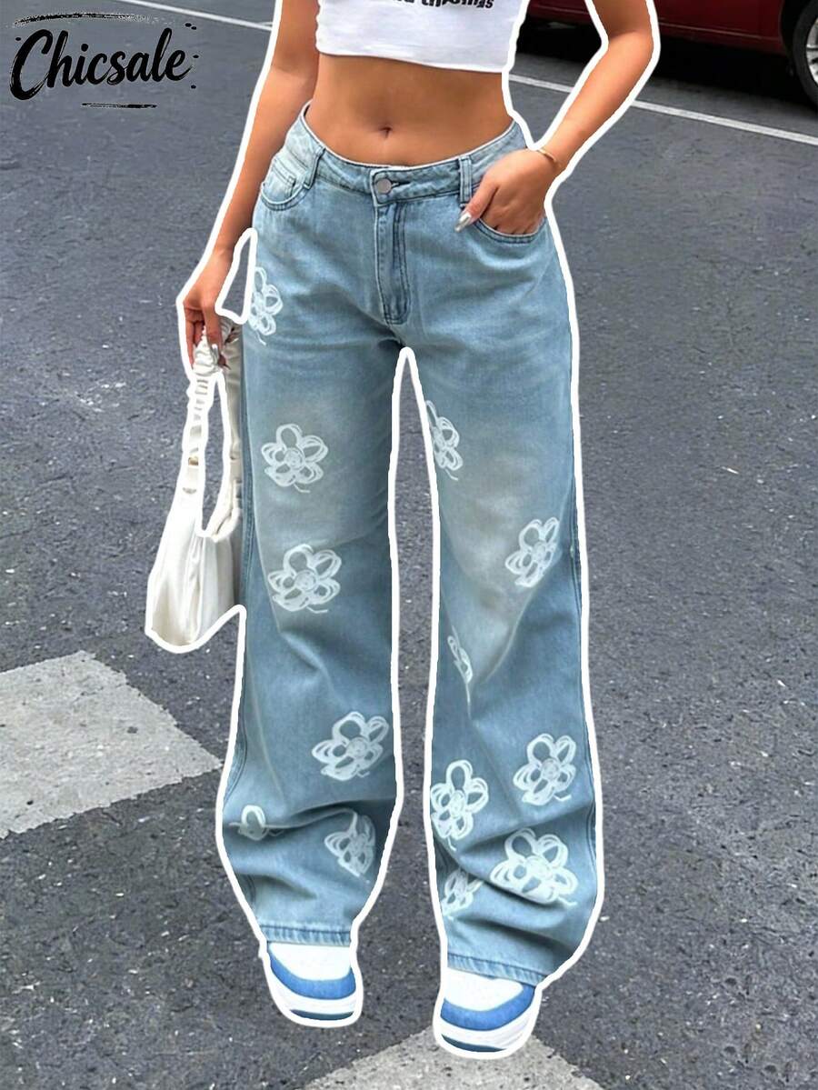 Jeans casuales rectos y sueltos con bolsillos y estampado floral para mujer - Azul lavado medio - Ver 1
