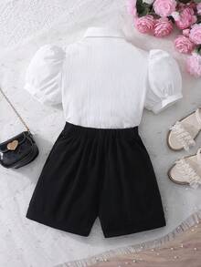 Set de 2 piezas: Blusa elegante con mangas abullonadas y botones de perla, y shorts casuales para adolescentes y niñas - Negro - Ver 3