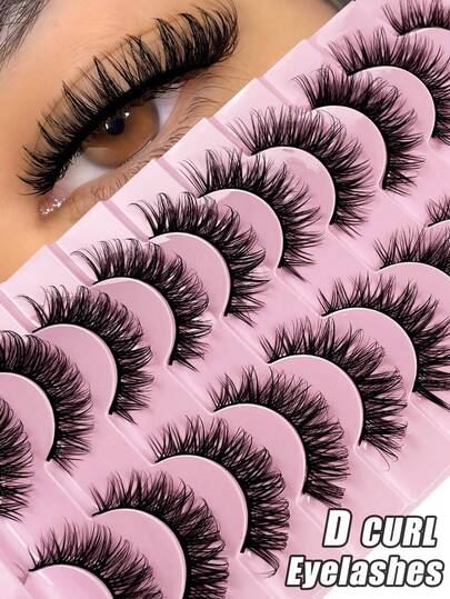 10对D型卷翘俄罗斯假睫毛，自然蓬松仿貂毛睫毛，浓密纤长，打造狐狸眼提拉效果，情人节必备！