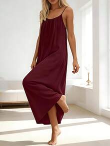 Womens Summer Casual Sleeveless Backless Cami Sundress 2026 Vacation House Dress - Màu Đỏ Sâu - Xem 4