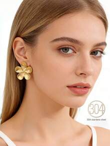 女士金色花朵耳环，时尚耳环，厚实花朵，简约花卉饰品 - 彩色 - 查看 2