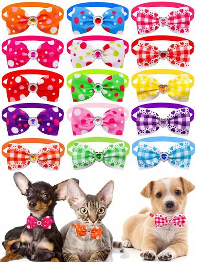 6/12Pcs Colorful Fabric Diamond Studded Pet Tie, Polka Dot/Checkered Love Element, Cute Pet Holiday Outfit, Daily Walking Photo Styling Accessories, Matching, Puppy Keep Decoration, Suitable For Valentine's Day, Weddings, Parties And Other Holidays