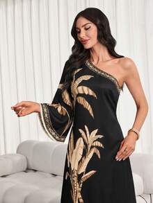 Women's Tropical Rainforest Print Fringe Hem Dress, Suitable For Daily Commute And Casual Vacation. This New Spring/Summer Printed Dress Features A Casual Elegant Style Black - Black - View 7
